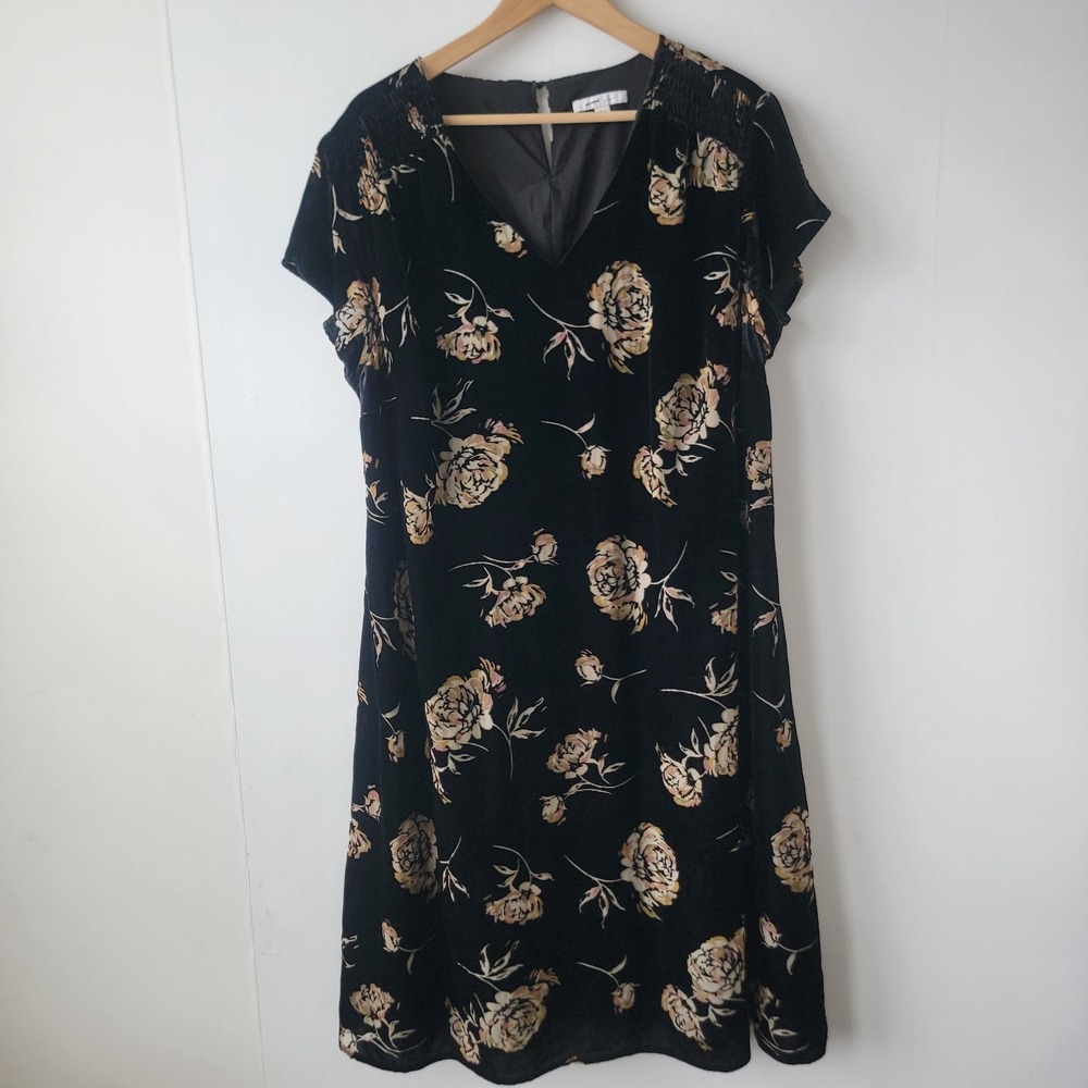 J Jill Pure Elements women's Velvet Floral Burnout Shift Dress sz XL cup sleeve